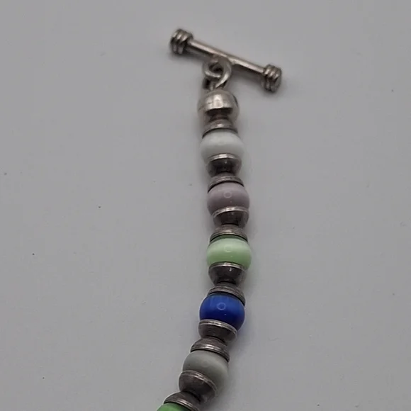 Vtg Sterling Silver Multicolor Glass Cat Eye Bracelet 7" Toggle Clasp 14.41g - Picture 5 of 7